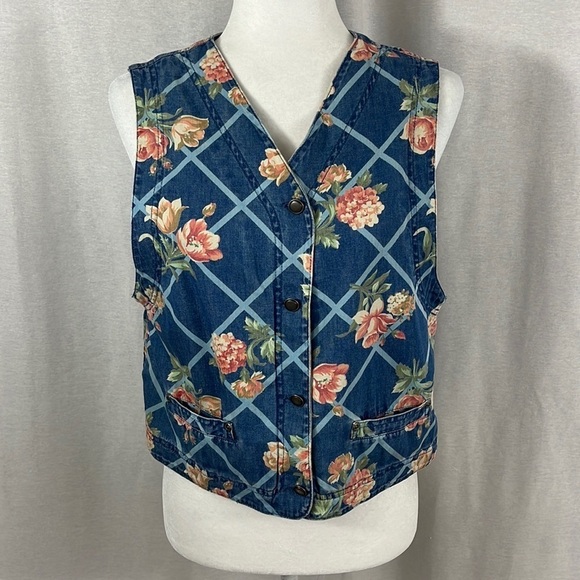 Liz Wear Petite Vintage Denim Floral Cottagecore Pink Blue Vest Womens Size LP - Picture 1 of 11